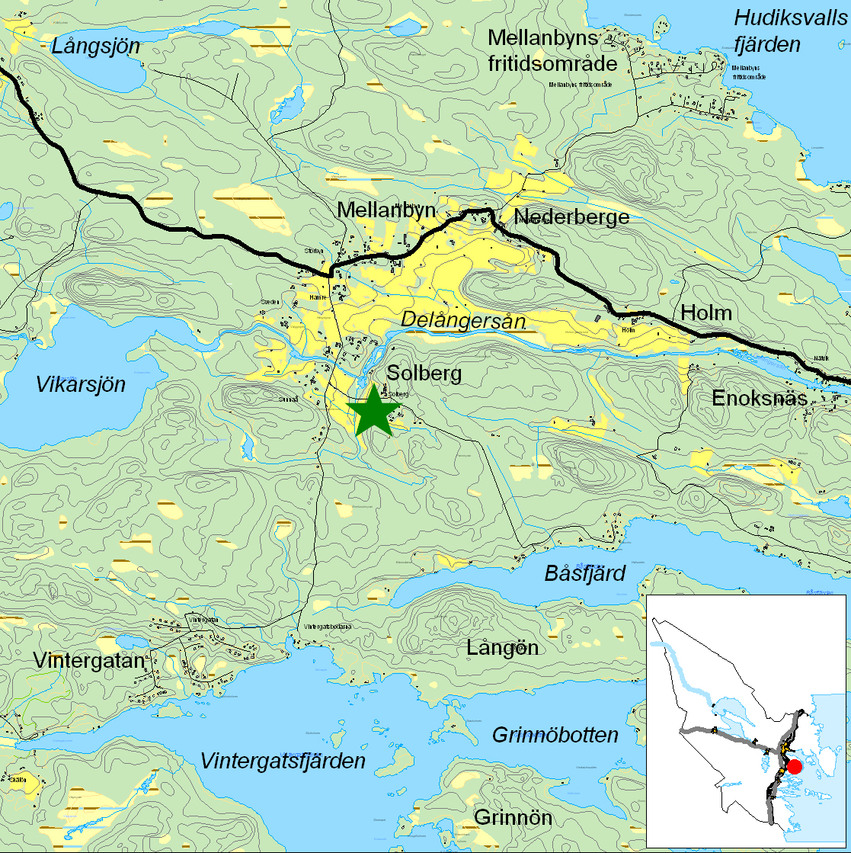 Kartbild över Solberg med omgivning.