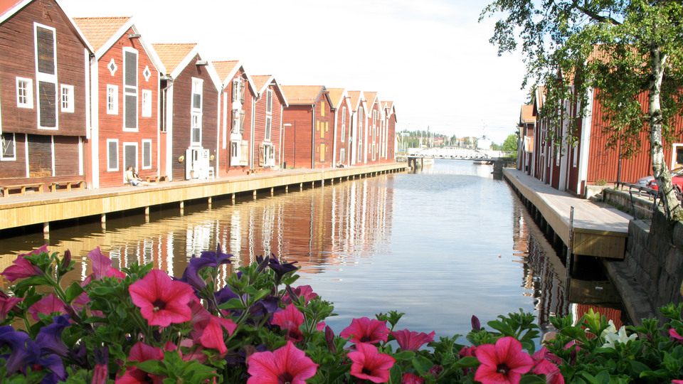 På båda sidor om den spegelblanka kanalen nere vid Möljen ligger de gamla rödvita båthusen. Framför dessa finns en lång brygga och i framkant av bilden ligger en blomrabatt med röda och blåa blommor.