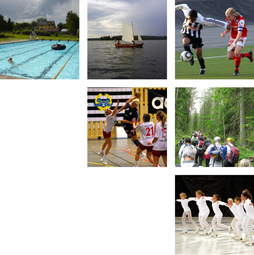 Bildkollage med sex bilder. En pool, en segelbåt på sjön, fotbollsspelare på planen, basketspelare på planen, människor på skogsvandring och barn som tränar konståkning.