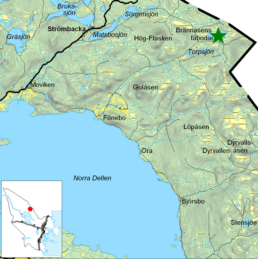 Kartbild över Brännåsens fäbodar med omgivning.