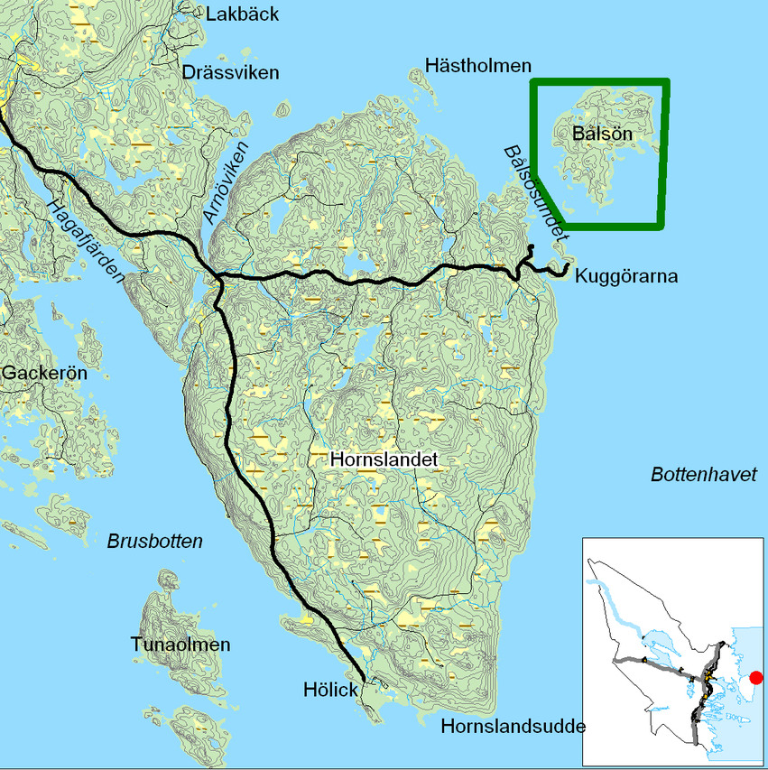 Kartbild över Bålsön med omgivning.