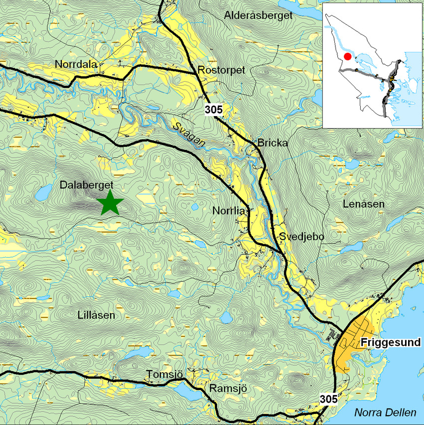 Kartbild över Dalaberget med omgivning.