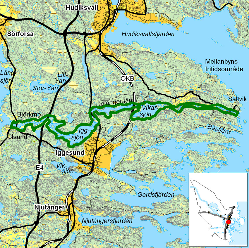 Kartbild över Delångersån med omgivning.