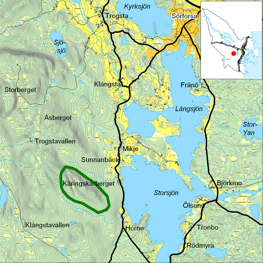 Kartbild över Kärringskårberget med omgivning.