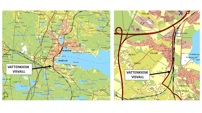 Karta som pekar ut vattenkiosken på Visvall, Hudiksvall