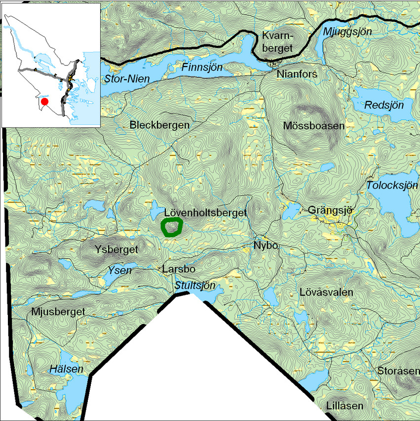 Kartbild över Lövenholtsberget med omgivning.