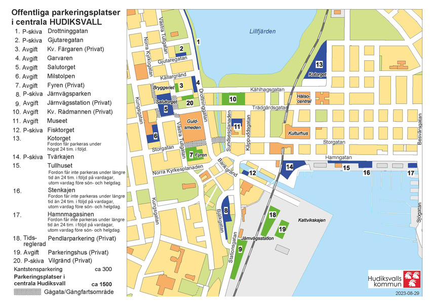 Karta över större parkeringsplatser i centrala Hudiksvall.