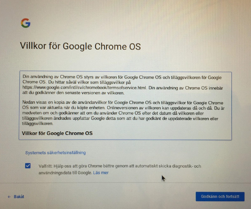 Datorskärmen visar villkoren för att använda Google Chrome OS.