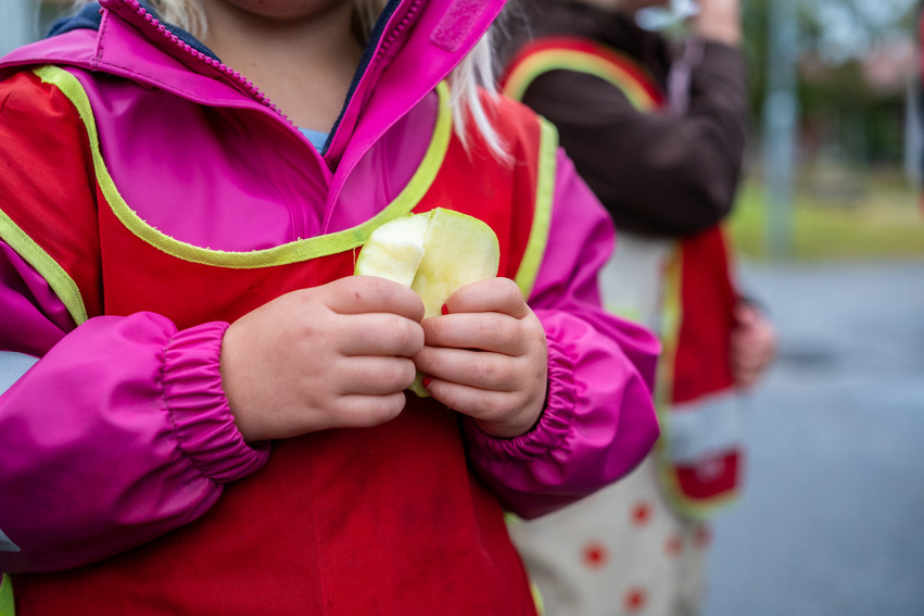 Ett barn håller i ett äpple