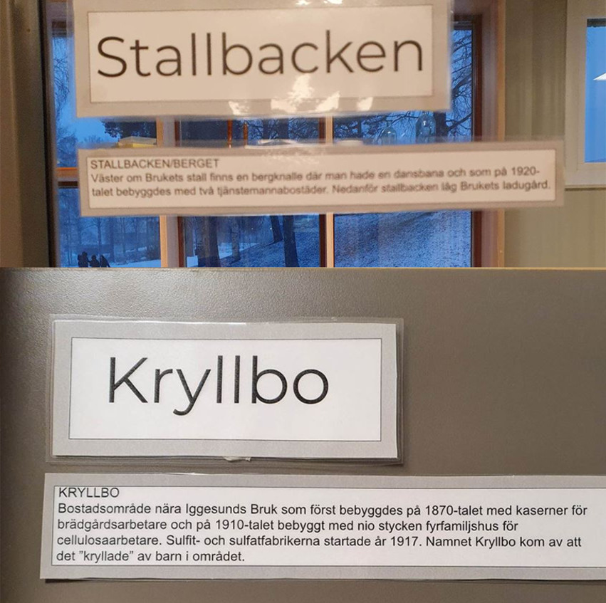 Bilder på två av skyltarna: Stallbacken och Kryllbo