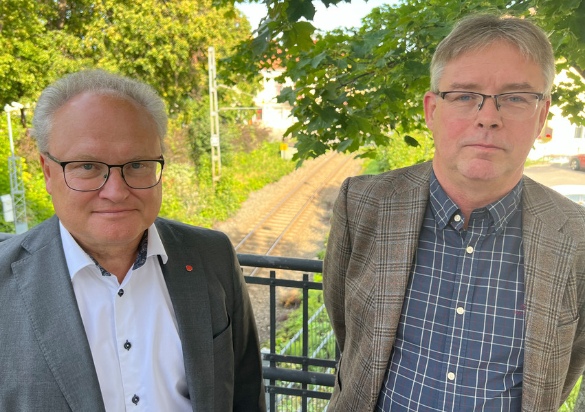 Glenn Nordlund och Mikael Löthstam står vid ett järnvägsspår.