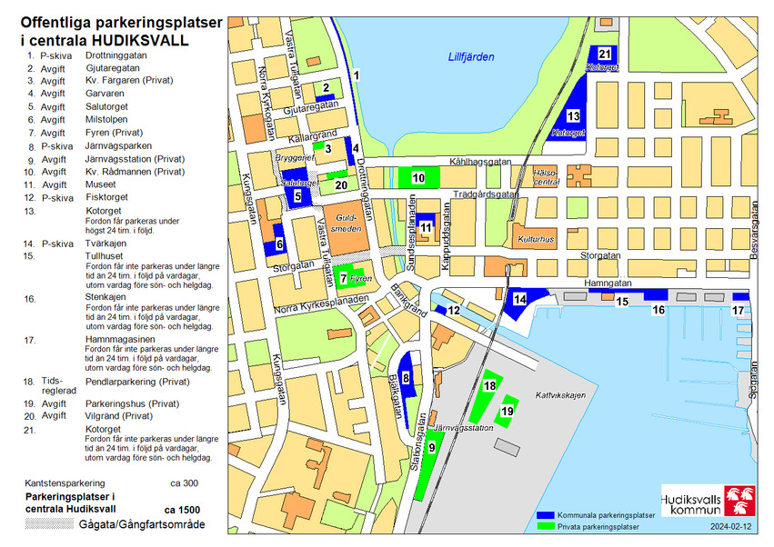 Offentliga parkeringsplatser i centrala Hudiksvall