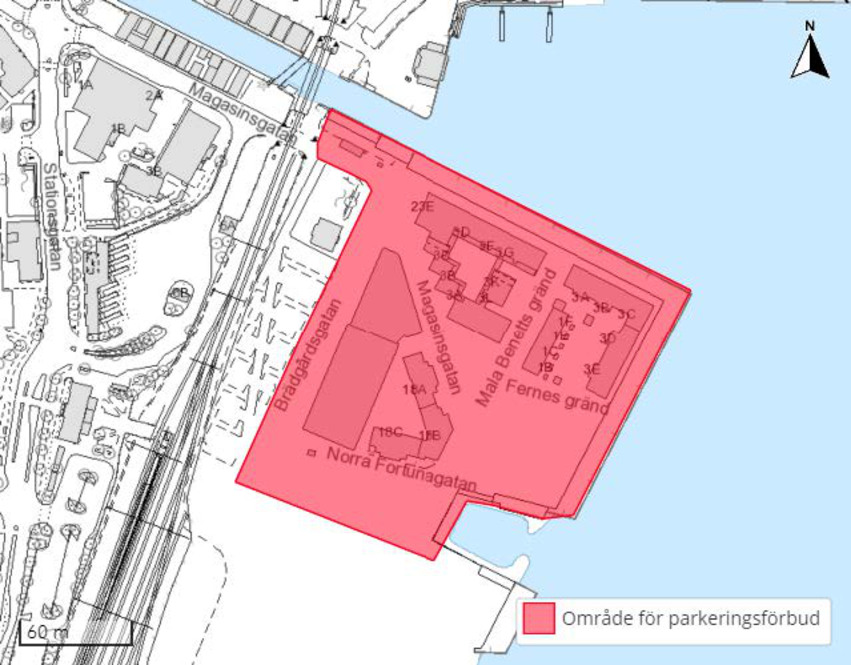Karta över parkeringsförbudsområdet på Kattvikskajen.