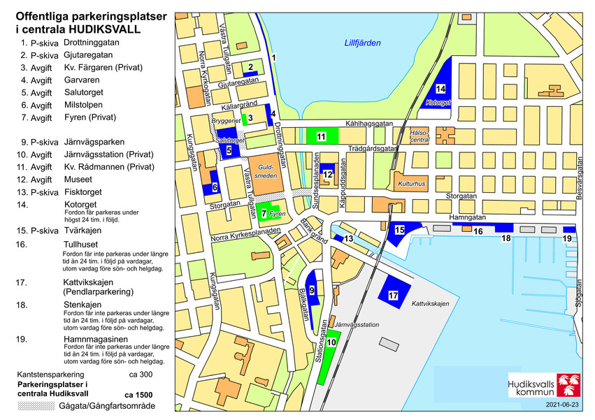 Karta över parkeringar i centrala Hudiksvall.