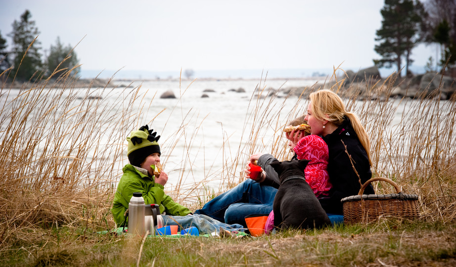 En mamma och hennes två små barn har picknick vid havet.