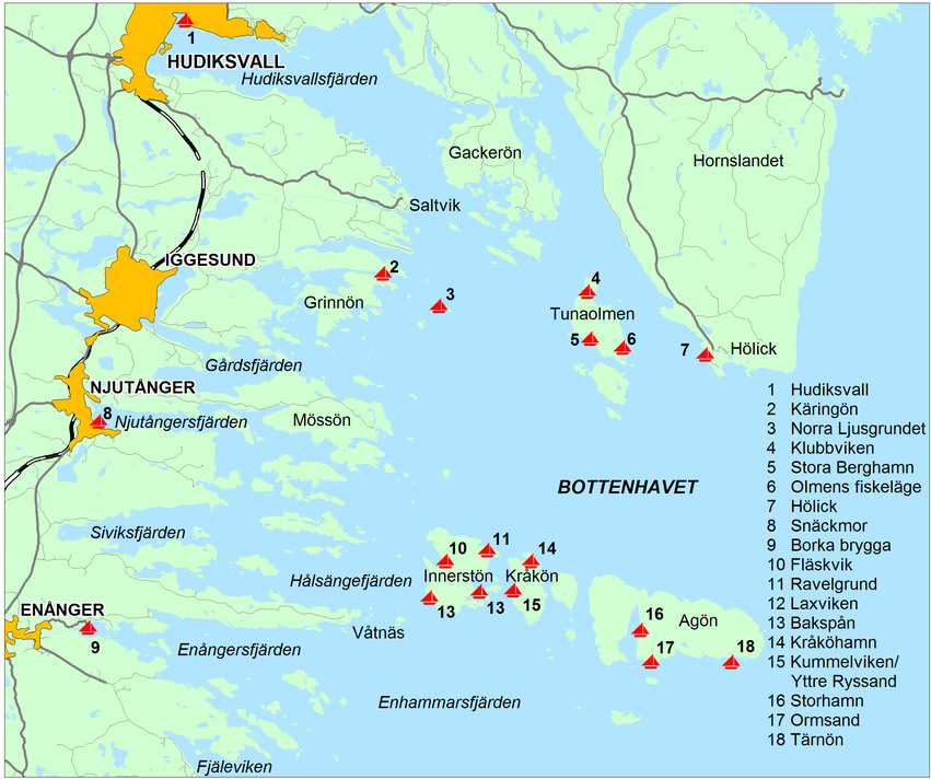Karta över Hudiksvalls kommun som har fem mil kust och en fantastisk skärgård. För dig som vill njuta av Hudiksvall från sjösidan finns ett antal hamnar och badplatser att välja på. Här finns 18 platser utmärkta.
