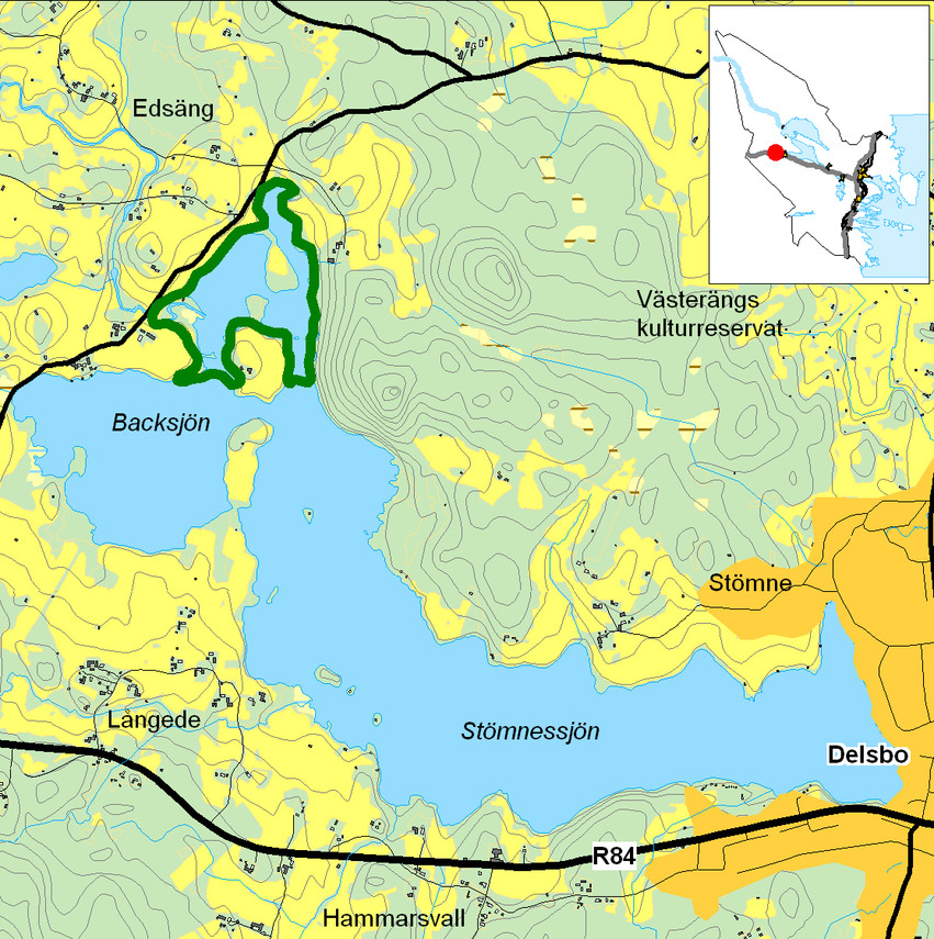 Kartbild över Backsjön med omgivning.