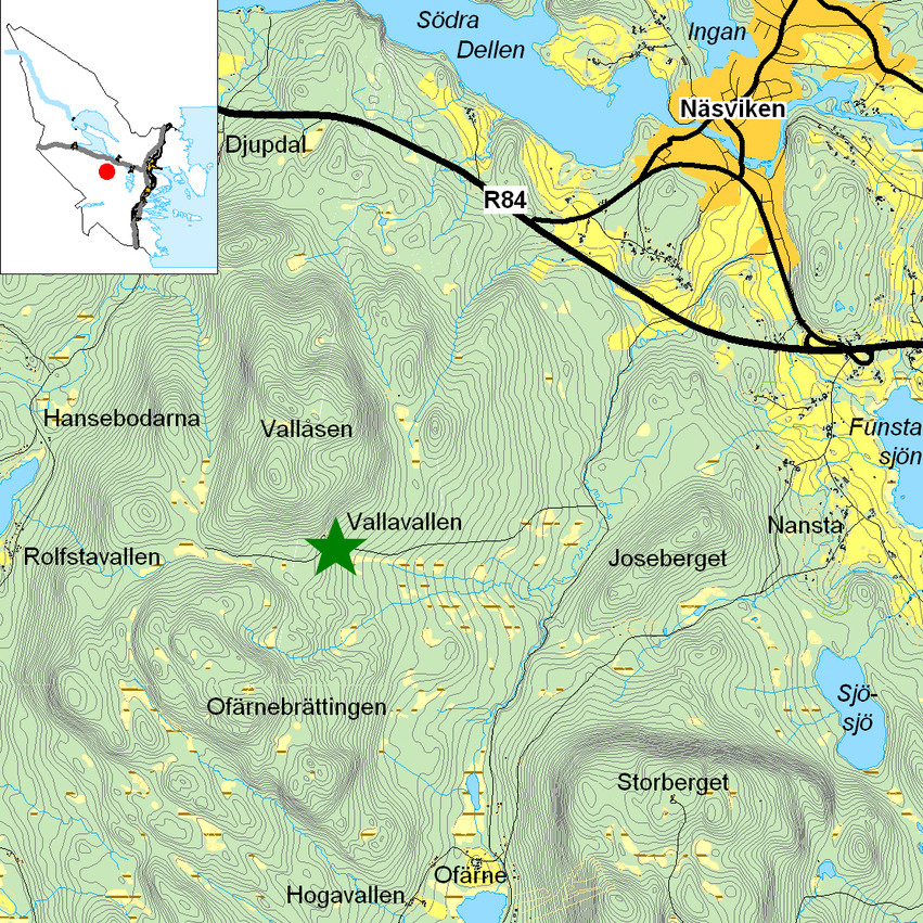Kartbild över Vallavallen med omgivning.
