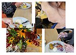 Bilder som visar surströmmingstallrikar och blommor.