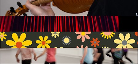 Närbild på fiol, en röd ridå, ett blommönster och personer i rörelse.